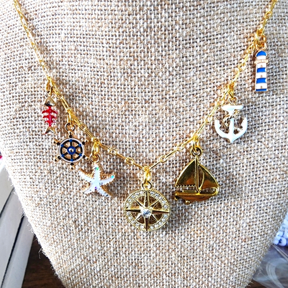 Nautical Charm Necklace, gold, summer, compass, 18" chain